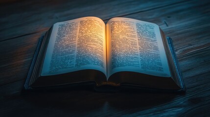 Obraz premium An open book with glowing golden pages, symbolizing knowledge and inspiration, placed on a wooden table