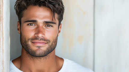 Obraz premium Confident man with charming smile and stylish hair against light background
