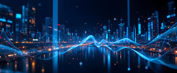 Fototapeta premium Technology background Modern city skyline illuminated at night with digital wave patterns reflecting on the water