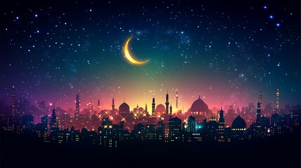 Night Cityscape Under Starry Sky Crescent Moon