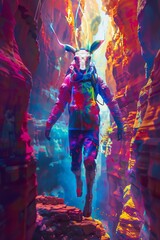 A surreal scene of a colorful figure exploring a vibrant canyon, blending nature and imagination in harmony.