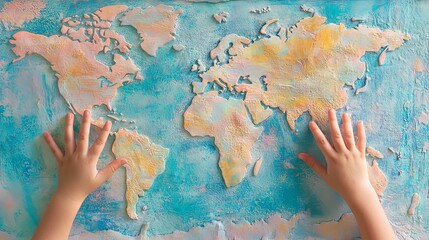 World Map Art with Child's Hand - A Colorful Exploration