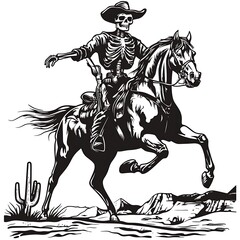 Fototapeta premium Skeleton cowboy riding horse desert