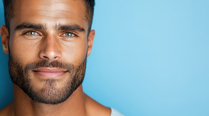 Fototapeta premium Confident man with strong jawline and blue background, showcasing charm
