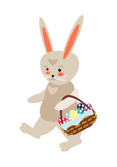 Cartoon gray Easter bunny walking with basket of colorful eggs. Vector illustration for design of cards, banners, invitations, packaging, prints for clothes