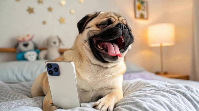 Funny pug dog laughing at funny social media content on a smartphone. Dog laughter lying on a bed joying hilarious humor. Pug saw a meme joke on the internet. Pet reacts with uncontrollable giggles