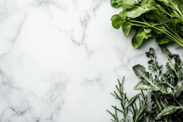 Caesar salad overhead view on a white marble backdrop with space for text