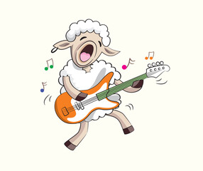 A sheep is playing a bass cheerfully in vector