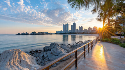 scenic coastal view with sunset, rocks, and city skyline