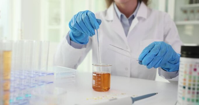 Lady scientist blends chemical solution in glass beaker adding reagent in laboratory. Woman engages in work process preparing for experiment