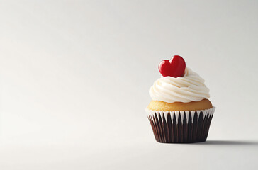 Vanilla cupcake muffin with a red heart on whipped cream on a white background. Design template for love, sweets, poster, and cards for party, birthday and Valentine's day with place for text.