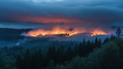 Obraz premium Forest Fire Smoke Effects on Countryside Environments. Cloudy skies blanket a rural forest, veiled by wisps of fire smoke