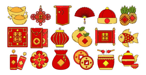 Chinese New Year doodle illustrations featuring gold ingots, lanterns, red envelopes, fireworks, fish, pineapple, tea set, and more festive symbols. Perfect for holiday themed designs.