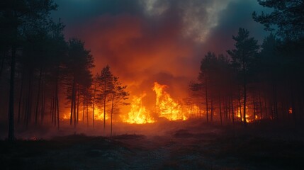 Forest Fire Smoke Effects on Countryside Environments. Cloudy skies blanket a rural forest, veiled by wisps of fire smoke