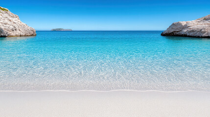 Obraz premium serene beach with clear blue water and distant islands creates tranquil escape