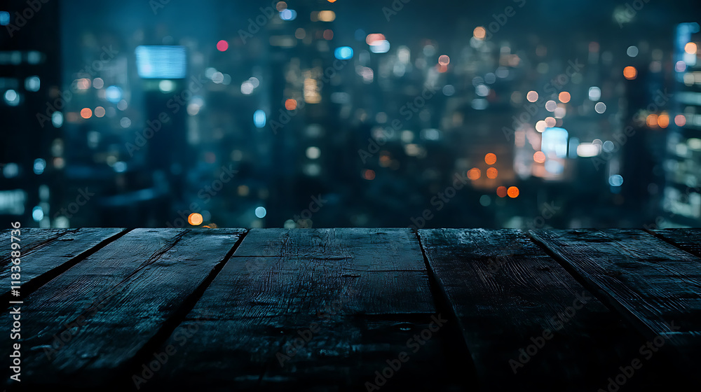 Poster a close up with wooden table with copyspace mock-up and view on night city scape