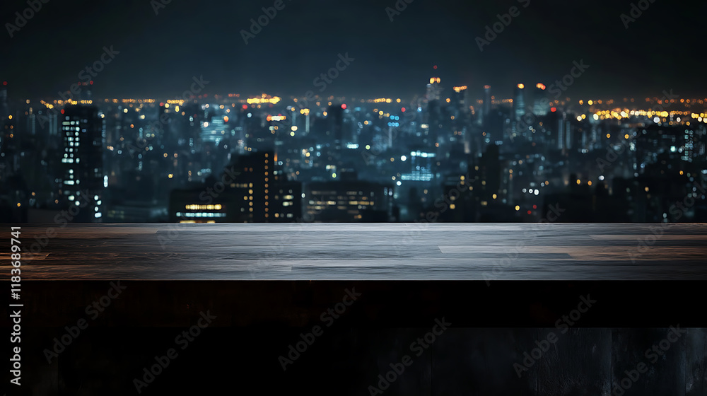 Poster a close up with wooden table with copyspace mock-up and view on night city scape