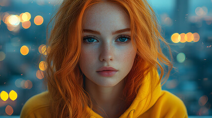 Redhead girl in yellow hoodie at night.