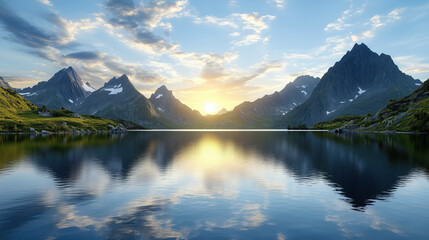 serene mountain view with stunning sunset reflecting on lake