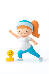 3d happy cartoon pregnant woman in in sportswear, isolated on plain white background