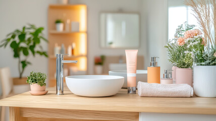 Fototapeta premium Minimalist bathroom setup with clean visuals and natural elements