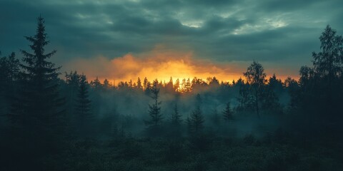 Fototapeta premium Forest Fire Smoke Effects on Countryside Environments. Cloudy skies blanket a rural forest, veiled by wisps of fire smoke