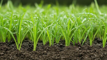 Dewdrops on vibrant grass with the texture of soil visible in the background