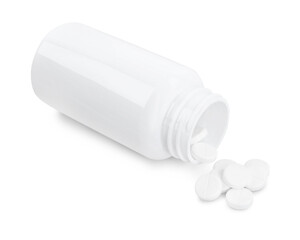 Antibiotic pills with medical bottle on white background