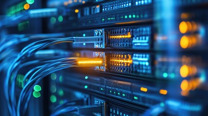 Obraz premium Efficient backhaul network design in a professional data center environment, with neatly arranged cables and glowing LED indicators.