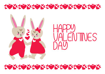 Two cute cartoon hares in love in a frame of hearts and the inscription Happy Valentine's Day - vector illustration for cards, banners, flyers