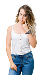Fototapeta premium Beautiful young blonde woman over isolated background Pointing to the eye watching you gesture, suspicious expression