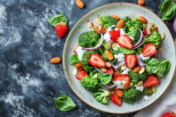 Close up of a yogurt dressed salad featuring broccoli strawberries red onions and almonds on a plate Vertical orientation