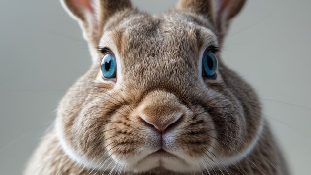 A close up of a rabbit's face with blue eyes