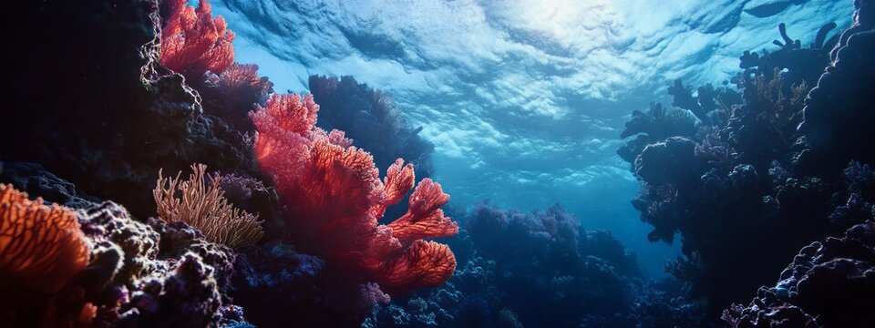 A dramatic view of the Great Barrier Reef's coral formations from underwater during a mass coral spawning event, Coral reef scene, Cinematic style