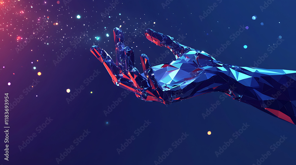 Leinwandbilder an arm and hand robot with touch technology, low polygonal abstract illustration of a starry sky, im