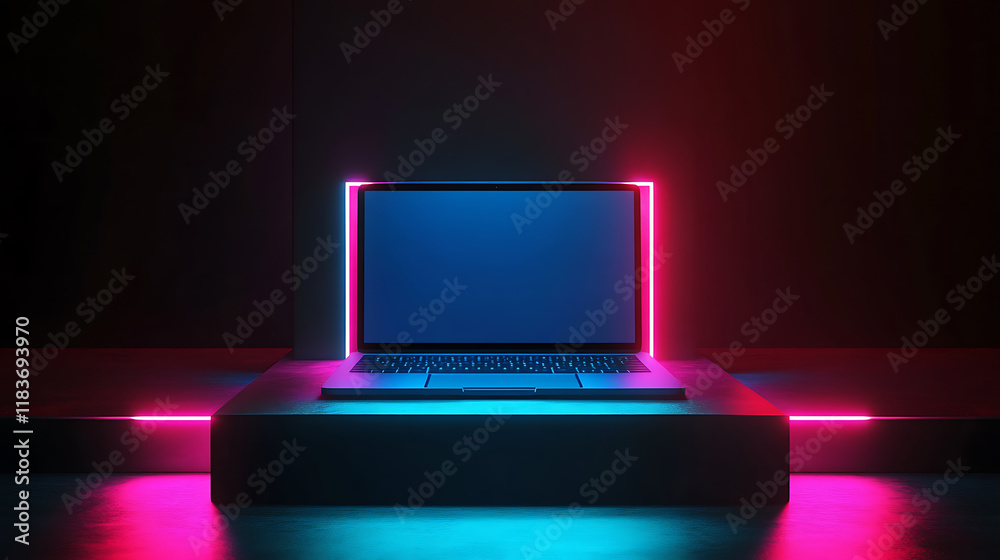 Poster an empty touch screen laptop on a futuristic podium with neon lighting from the podiums and a blank 