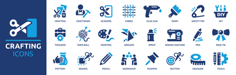 Crafting icon set. Containing DIY, craftsman, pencil, sewing, glue gun, origami, workshop, fabric, painting and more. Solid vector icons collection.