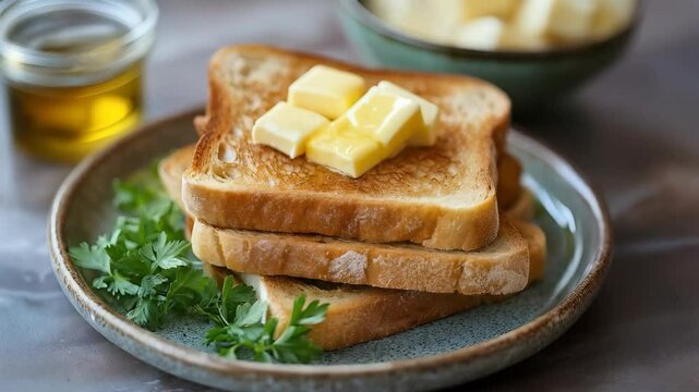 A plate of golden toast stacked and topped with butter cubes and fresh parsley sprigs