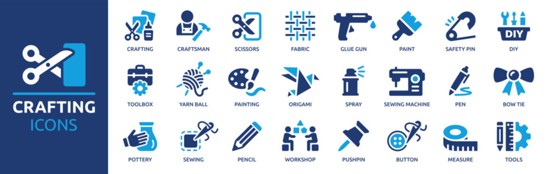 Crafting icon set. Containing DIY, craftsman, pencil, sewing, glue gun, origami, workshop, fabric, painting and more. Solid vector icons collection.
