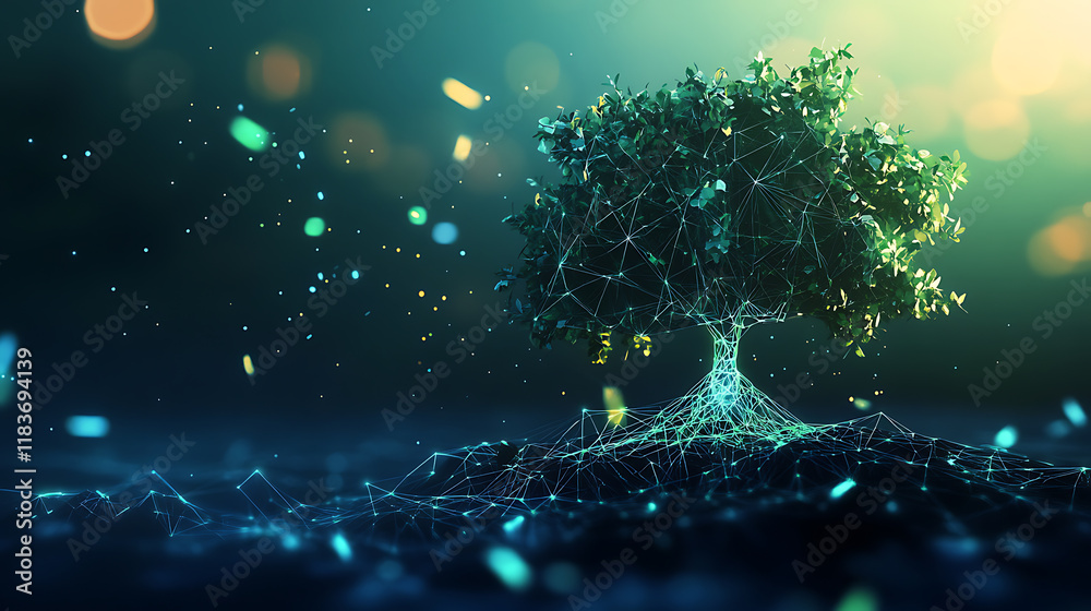Poster an illustration of tree growth in a digital futuristic polygonal style, an energy source or artifici