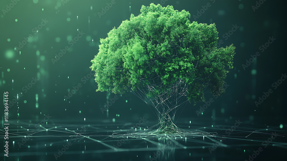 Poster An illustration of tree growth in a digital futuristic polygonal style, an energy source or artificial intelligence source, modern illustration