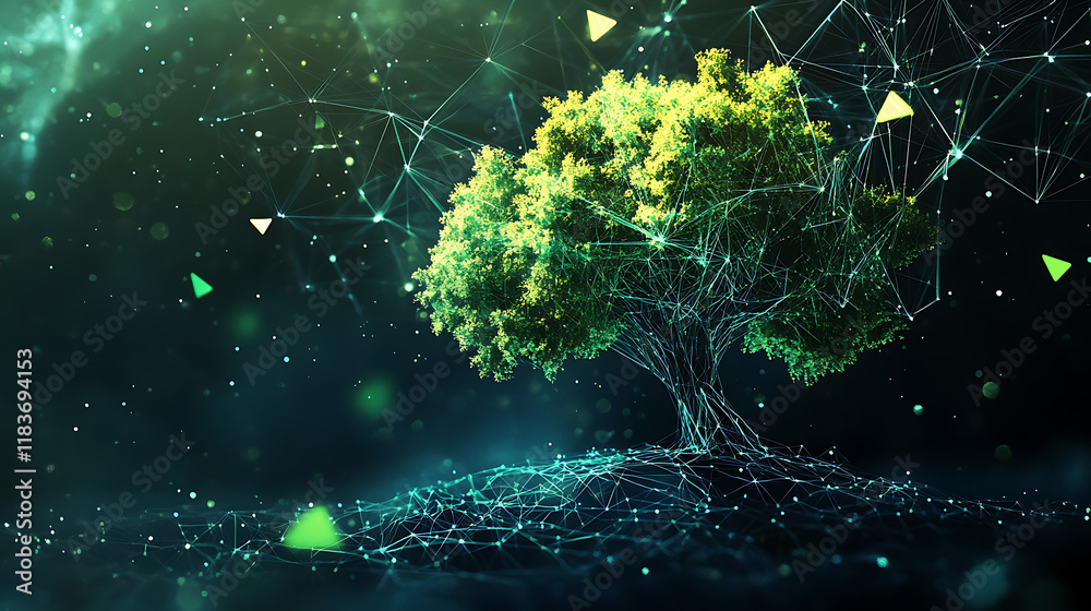 Poster an illustration of tree growth in a digital futuristic polygonal style, an energy source or artifici