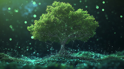 Fototapeta premium An illustration of tree growth in a digital futuristic polygonal style, an energy source or artificial intelligence source, modern illustration