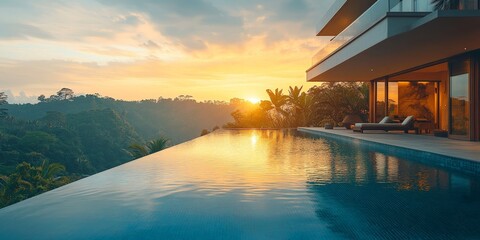Fototapeta premium A tropical infinity pool on a villa terrace, bathed in golden sunrise light, offering breathtaking panoramic views, ideal for luxury travel and real estate promotion.