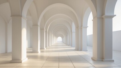 A long white corridor with arches and tiled floor