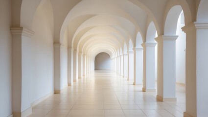 Naklejka premium A long white corridor with arches and tiled floor