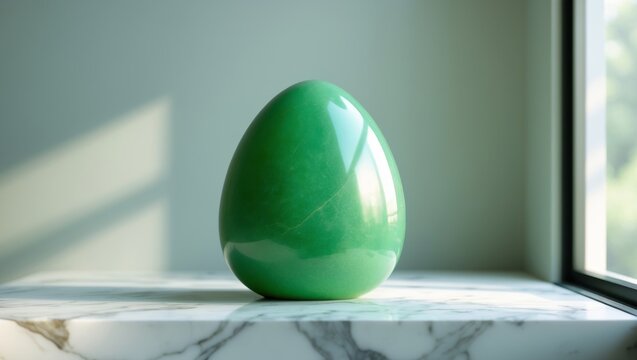 A large green jade egg rests near a window