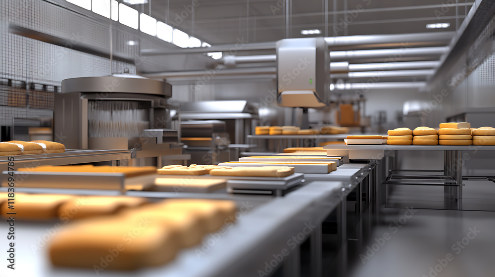 Poster Automatic bakery production line with bread in bakery