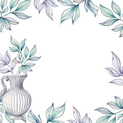 Intertwined watercolor leaves gracefully encircle a beautifully designed vase, showcasing a harmony of soft colors and intricate details template, background, frame