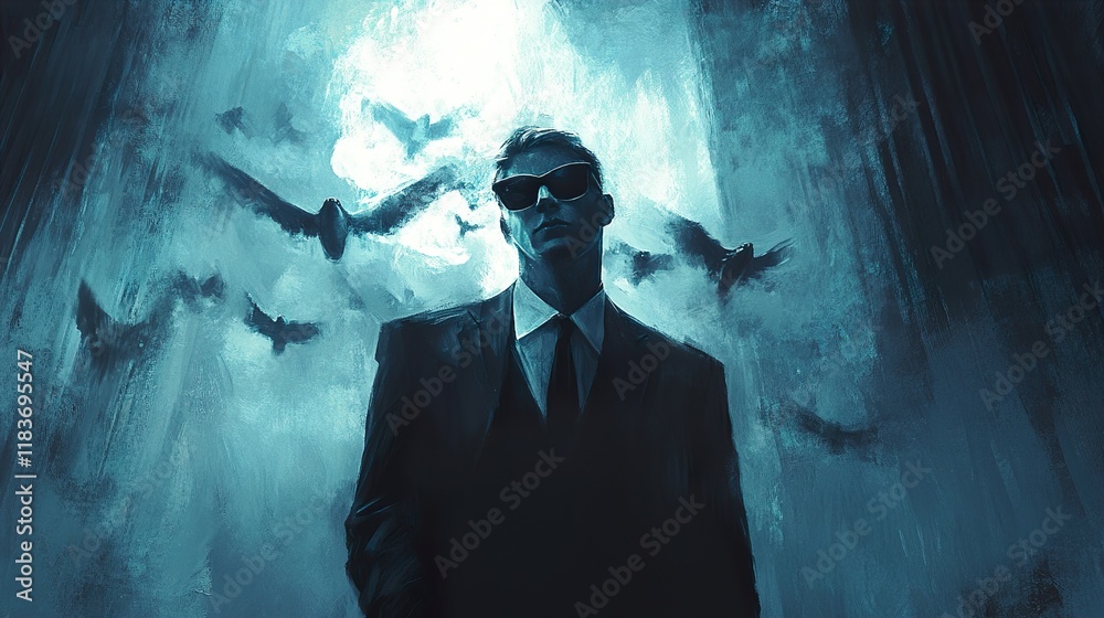 Poster Mysterious Man in Suit with Birds